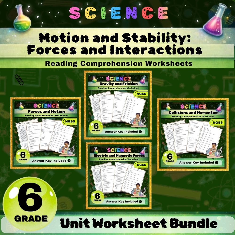 Grade 6 Science Forces & Motion Unit Bundle (NGSS Worksheets + Answer Keys) — bundle cover