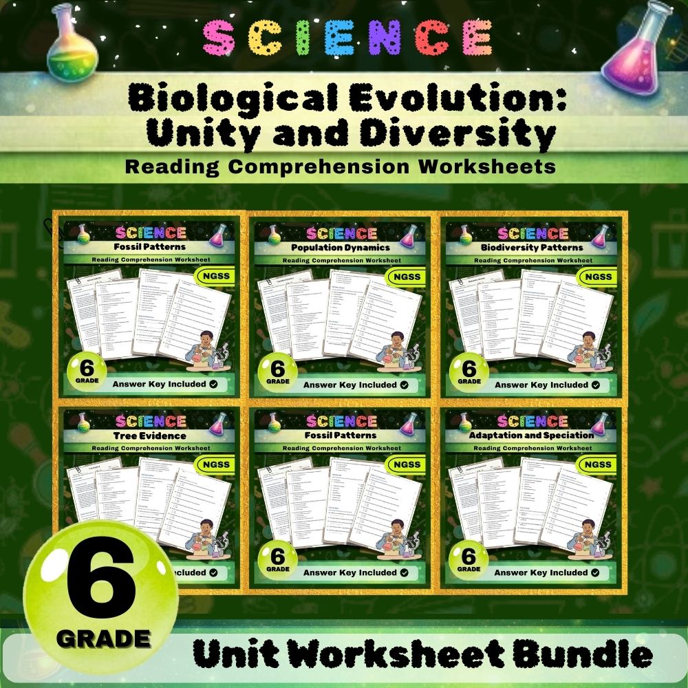 Grade 6 Science Bundle | Evolution, Natural Selection & Biodiversity Worksheets — bundle cover