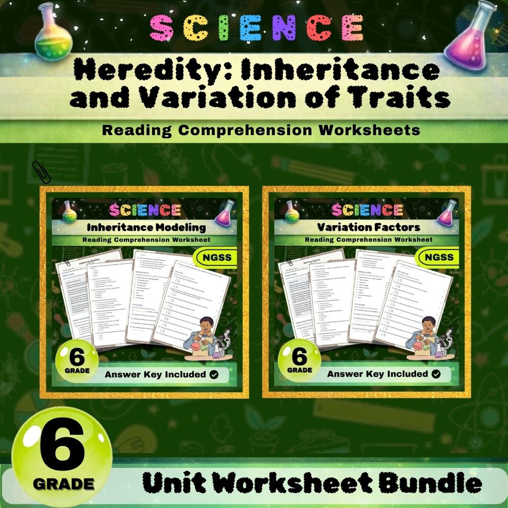 Grade 6 Science | Variation Factors & Inheritance Modeling Worksheets (NGSS) — bundle cover
