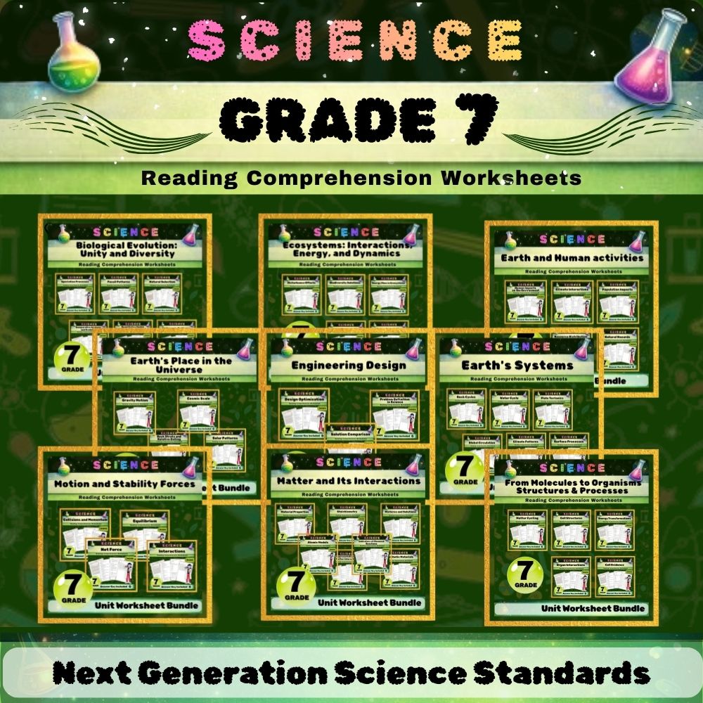 Grade 7 Science Worksheet Bundle | Earth & Space, Life, and Physical Science — bundle cover