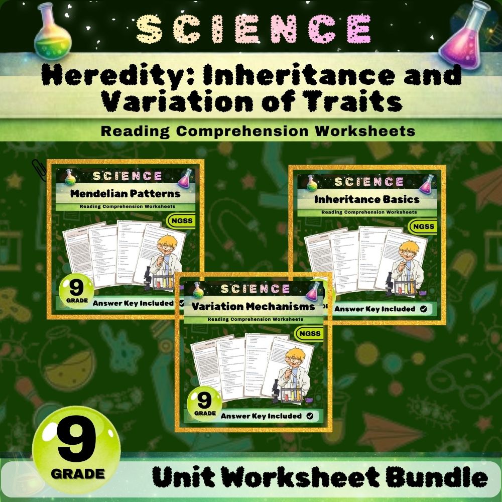 Grade 9 Science NGSS Heredity Unit | Inheritance & Variation Worksheet Bundle — bundle cover