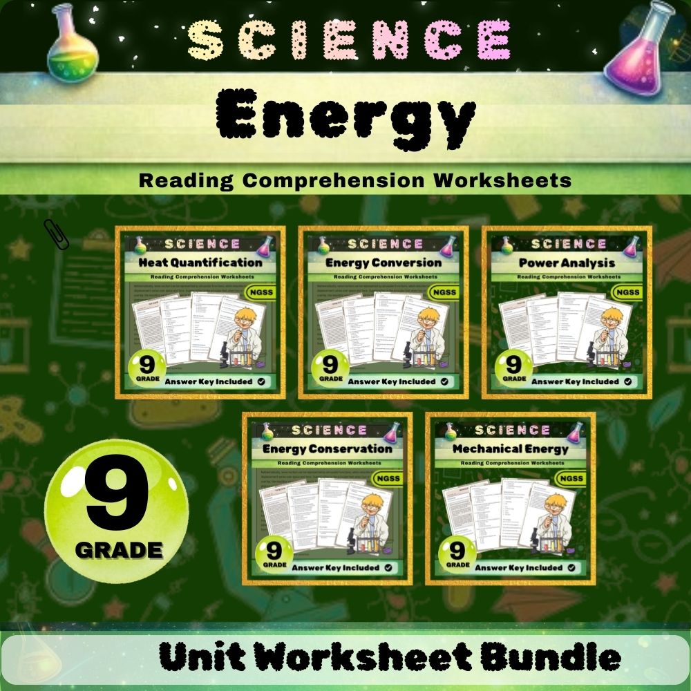 Grade 9 Science Energy Unit Bundle | NGSS-Aligned Worksheets & assessments — bundle cover