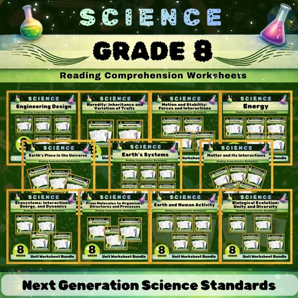Grade 8 Science NGSS Bundle | Comprehensive Worksheets for Earth & Life Sciences — bundle cover