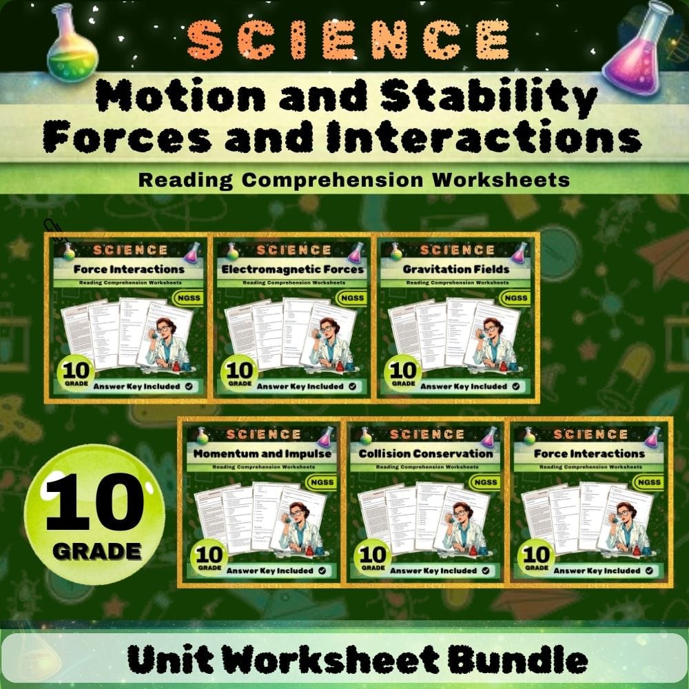 Grade 10 Science Motion and Stability Forces and Interactions NGSS Lesson Bundle — bundle cover