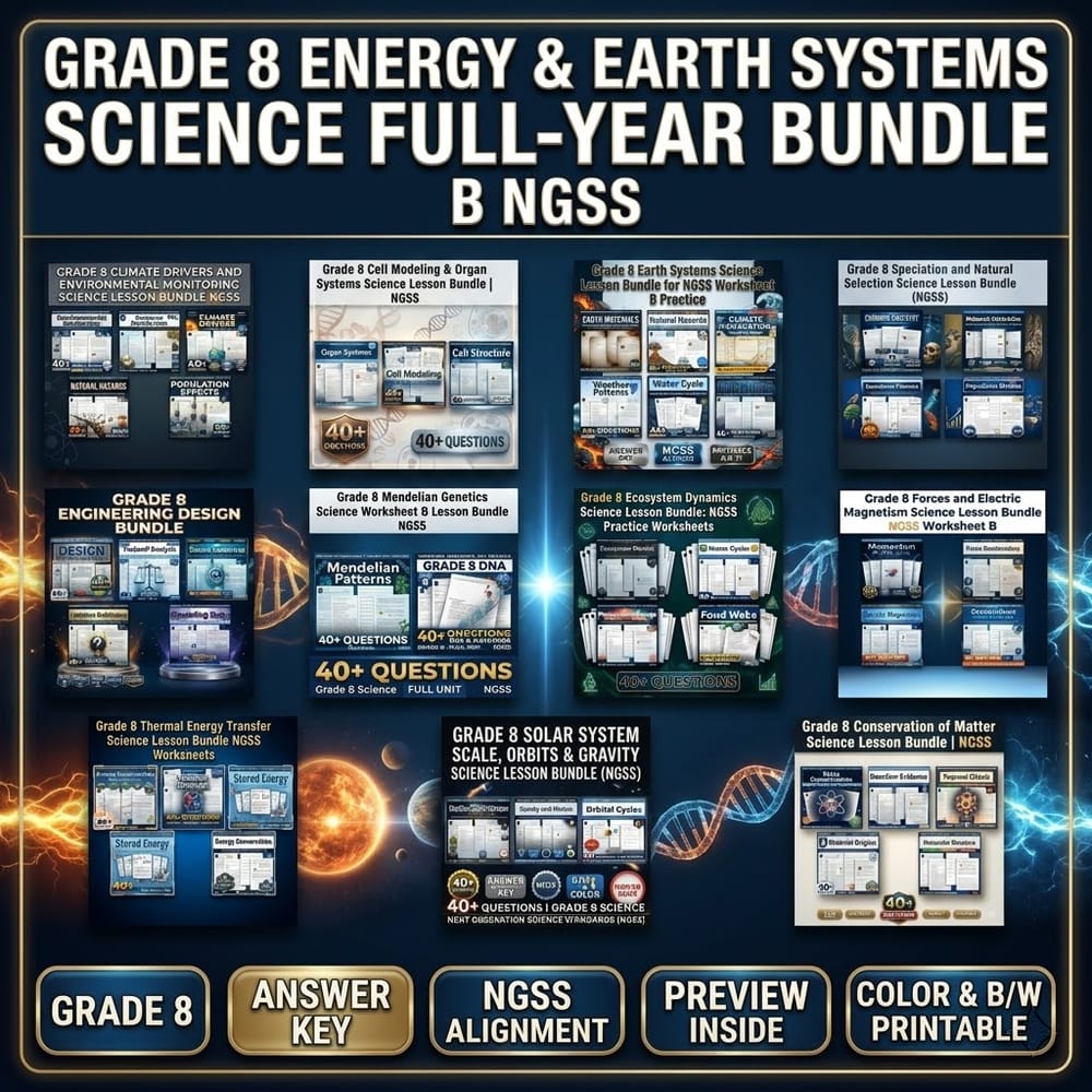 Grade 8 Energy & Earth Systems Science Full-Year Bundle Worksheet B NGSS — bundle cover
