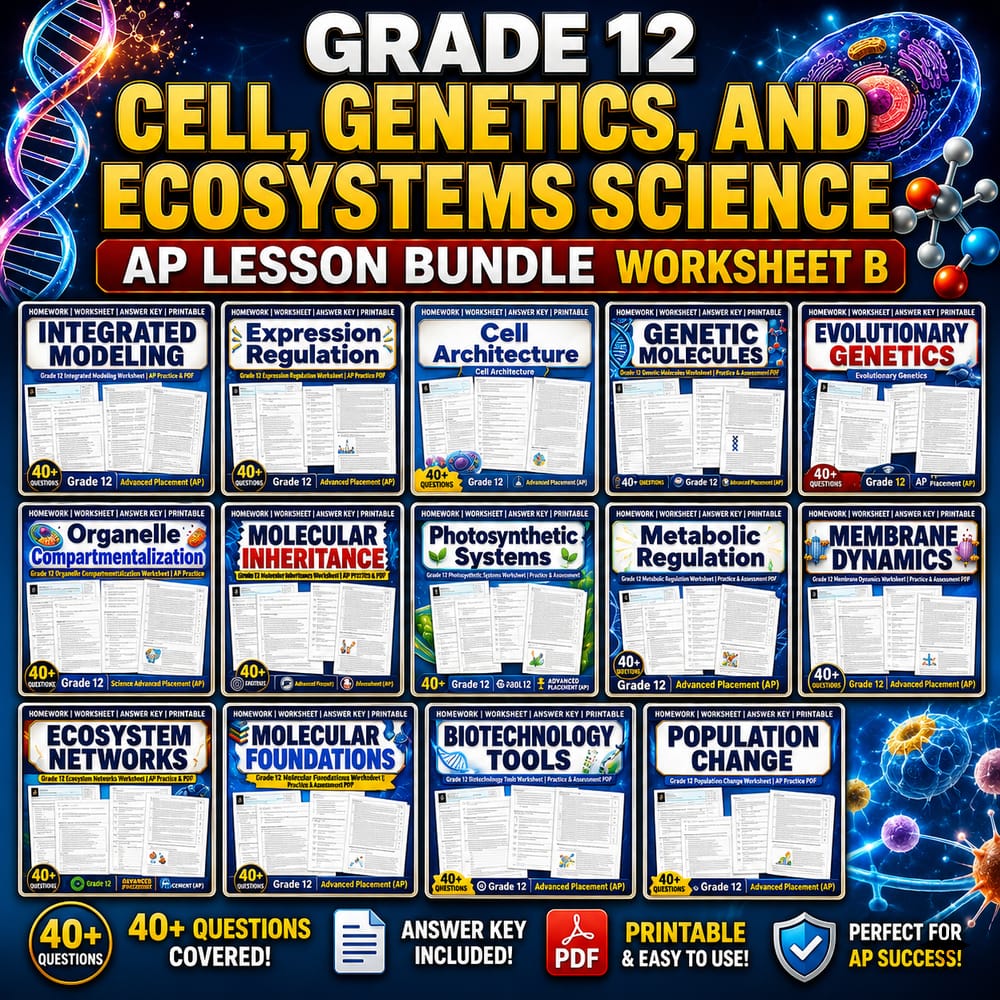 Grade 12 Cell, Genetics, and Ecosystems Science AP Lesson Bundle Worksheet B — bundle cover