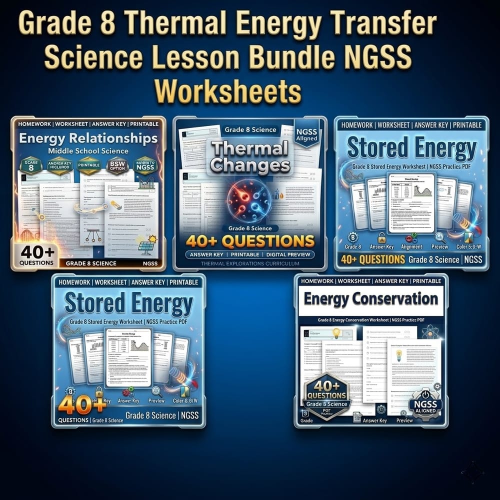 Grade 8 Thermal Energy Transfer Science Lesson Bundle NGSS Worksheets — bundle cover
