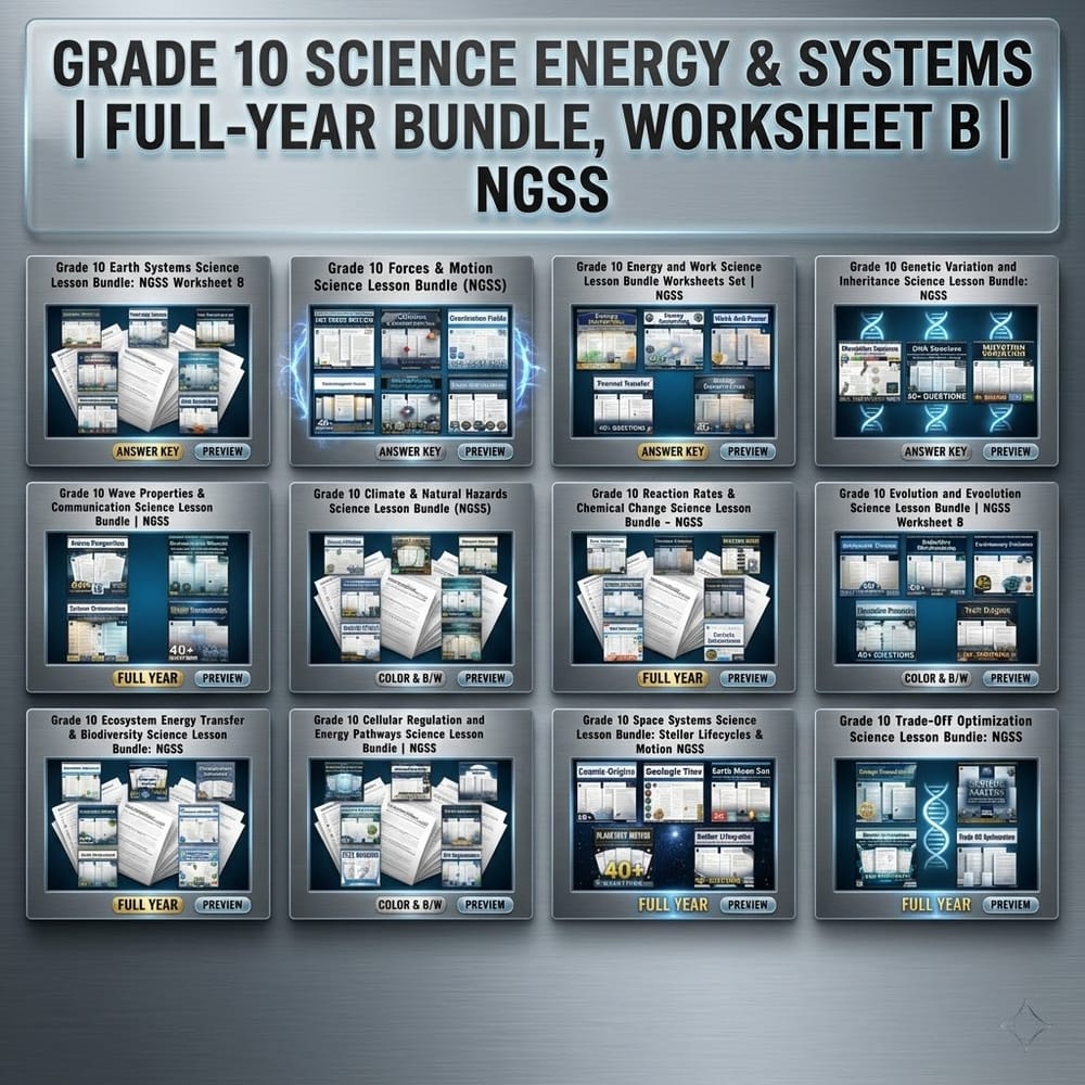 Grade 10 Science Energy & Systems Full-Year Bundle, Worksheet B | NGSS — bundle cover