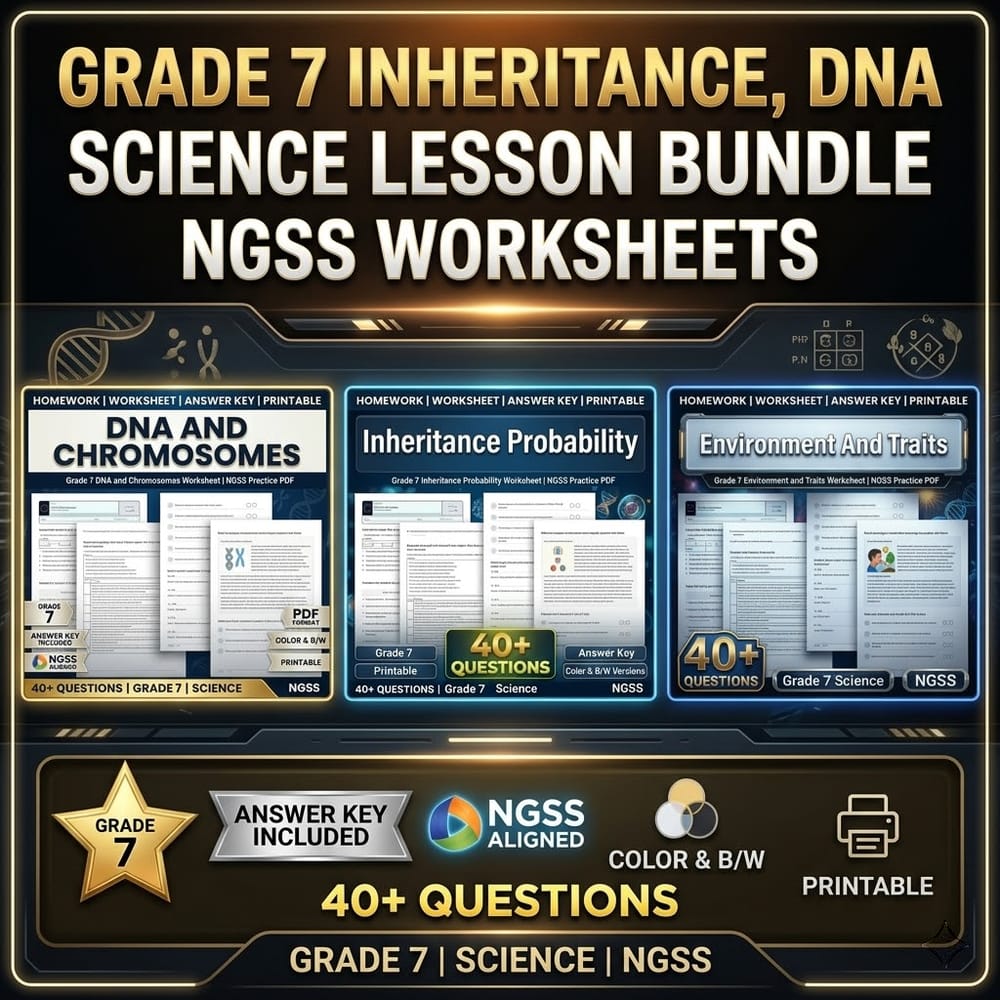 Grade 7 Inheritance, DNA & Traits Science Lesson Bundle NGSS Worksheets — bundle cover