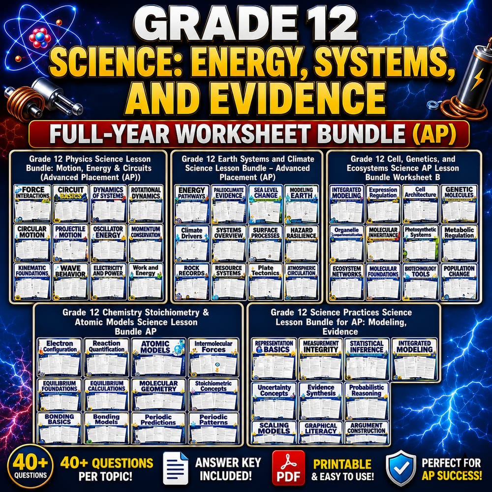 Grade 12 Science: Energy, Systems, and Evidence Full-Year Worksheet Bundle (AP) — bundle cover