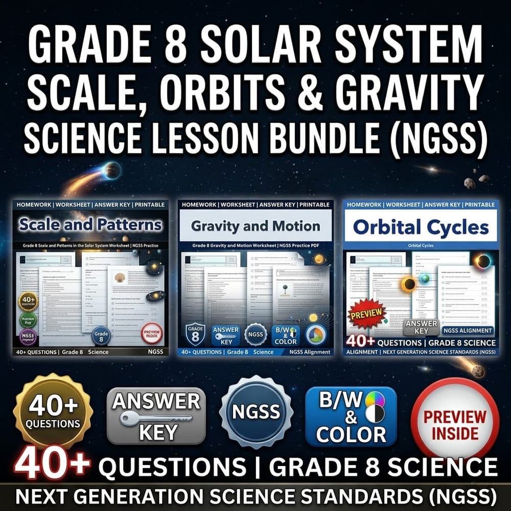 Grade 8 Solar System Scale, Orbits & Gravity Science Lesson Bundle (NGSS) — bundle cover