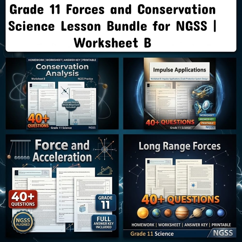 Grade 11 Forces and Conservation Science Lesson Bundle for NGSS | Worksheet B — bundle cover