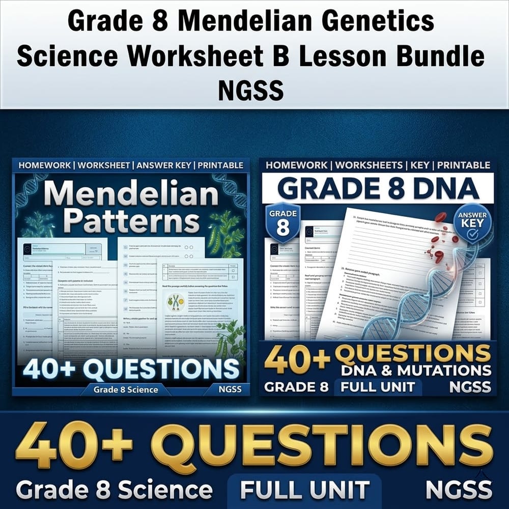 Grade 8 Mendelian Genetics Science Worksheet B Lesson Bundle NGSS — bundle cover