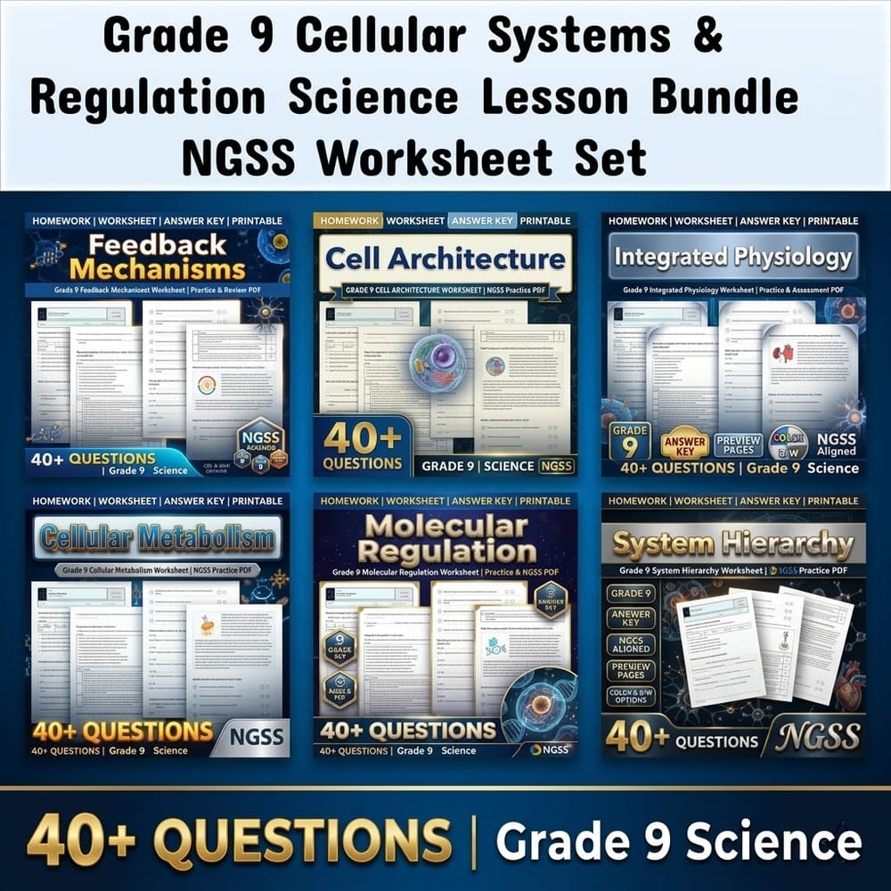 Grade 9 Cellular Systems & Regulation Science Lesson Bundle NGSS Worksheet Set — bundle cover