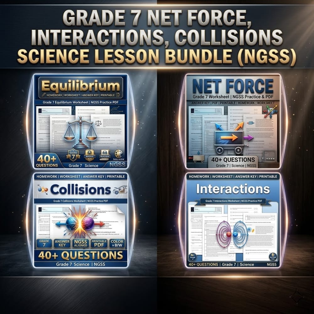 Grade 7 Net Force, Interactions, Collisions Science Lesson Bundle (NGSS) — bundle cover
