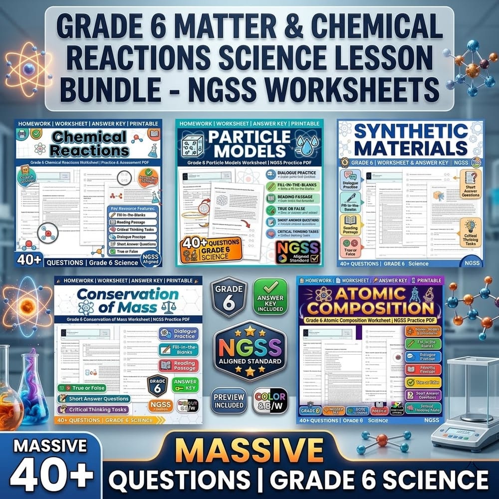 Grade 6 Matter & Chemical Reactions Science Lesson Bundle—NGSS Worksheets — bundle cover