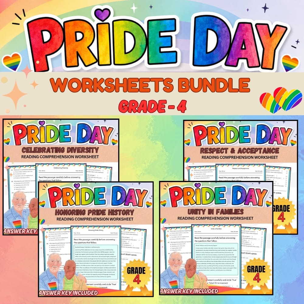 Grade 4 Pride Day Holiday Full-Year Bundle with June Framework Worksheets — bundle cover