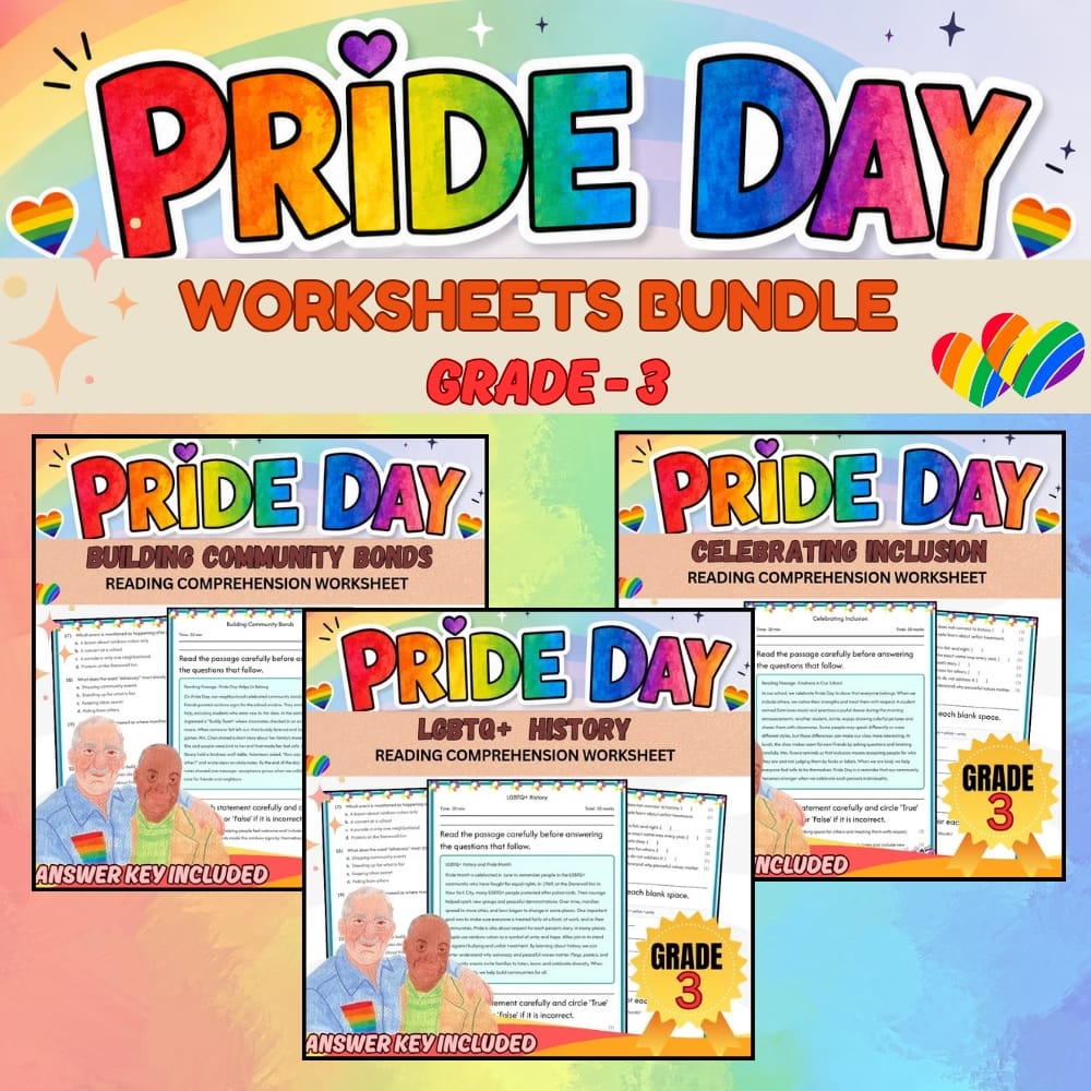 Grade 3 Pride Day Holiday Lesson Bundle Worksheets for June Framework — bundle cover