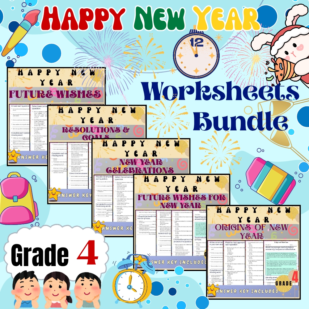 Grade 4 Seasonal Unit | New Year Wishes, Resolutions & Traditions Worksheets — bundle cover