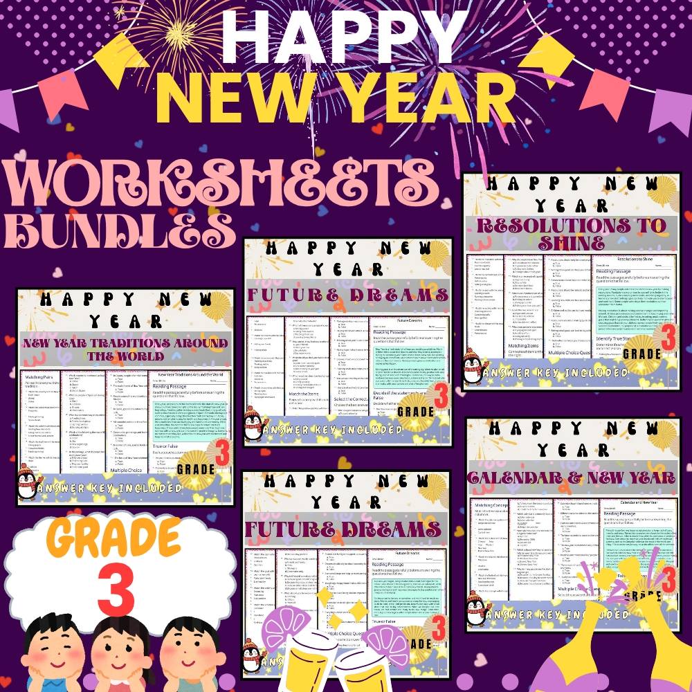 Grade 3 Seasonal|New Year Goals & Traditions Worksheets Bundle(PDF + Answer Key) — bundle cover