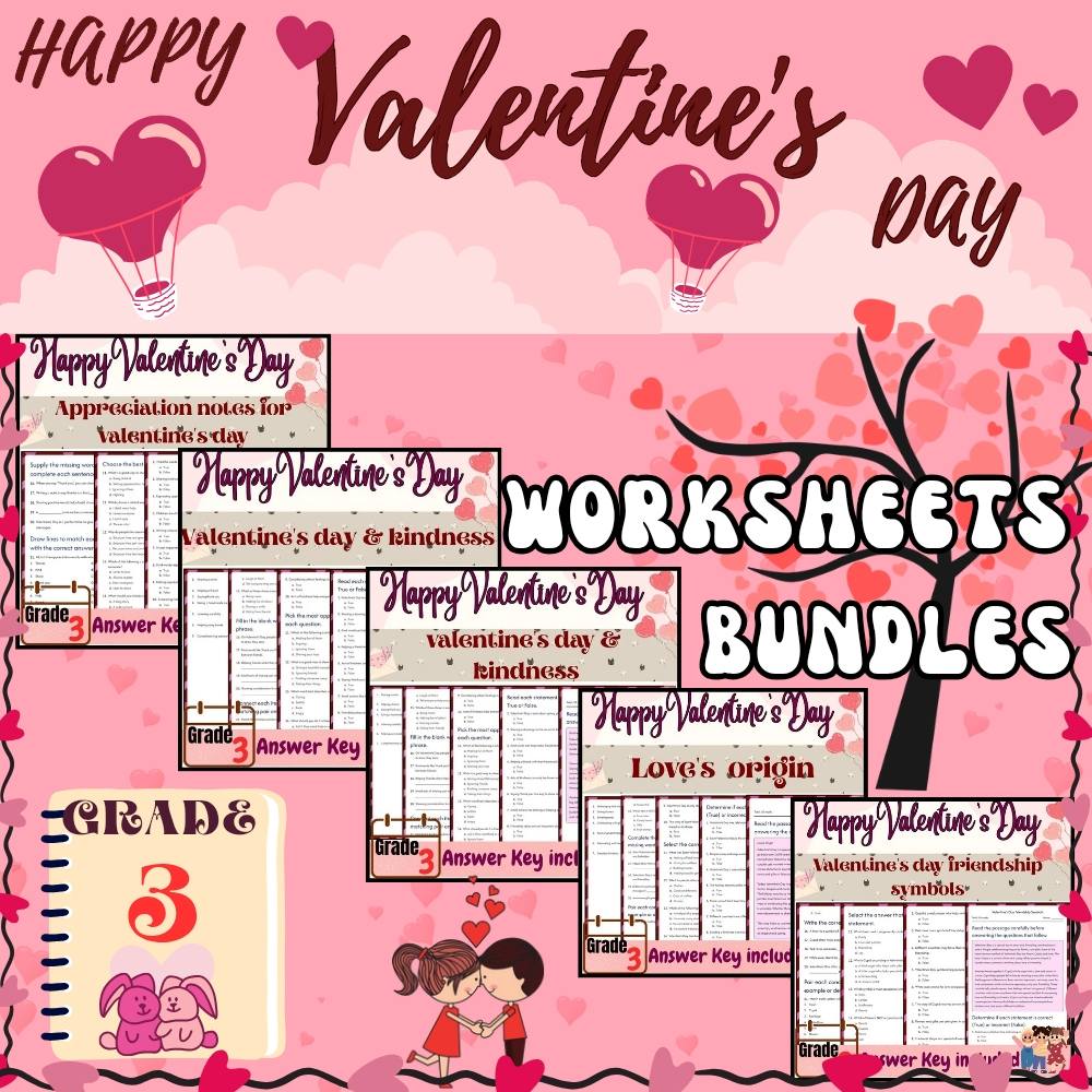 Grade 3 Seasonal Valentine’s Day Worksheets Bundle (PDF + Answer Key) — bundle cover