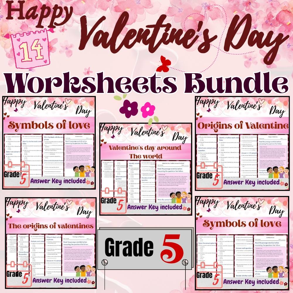 Grade 5 Seasonal Studying Bundle|Valentine's Day Symbols & Traditions Worksheets — bundle cover