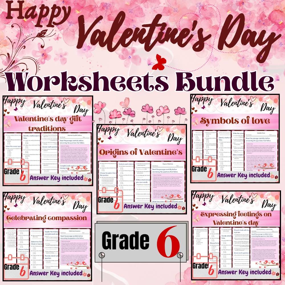 Grade 6 Seasonal Valentine’s Day Worksheets Bundle (PDF + Answer Key) — bundle cover