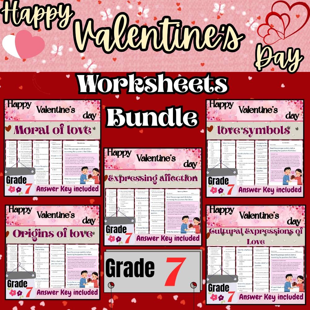 Grade 7 Seasonal Learning Unit |Valentine’s Day Culture & Symbols Worksheet Pack — bundle cover