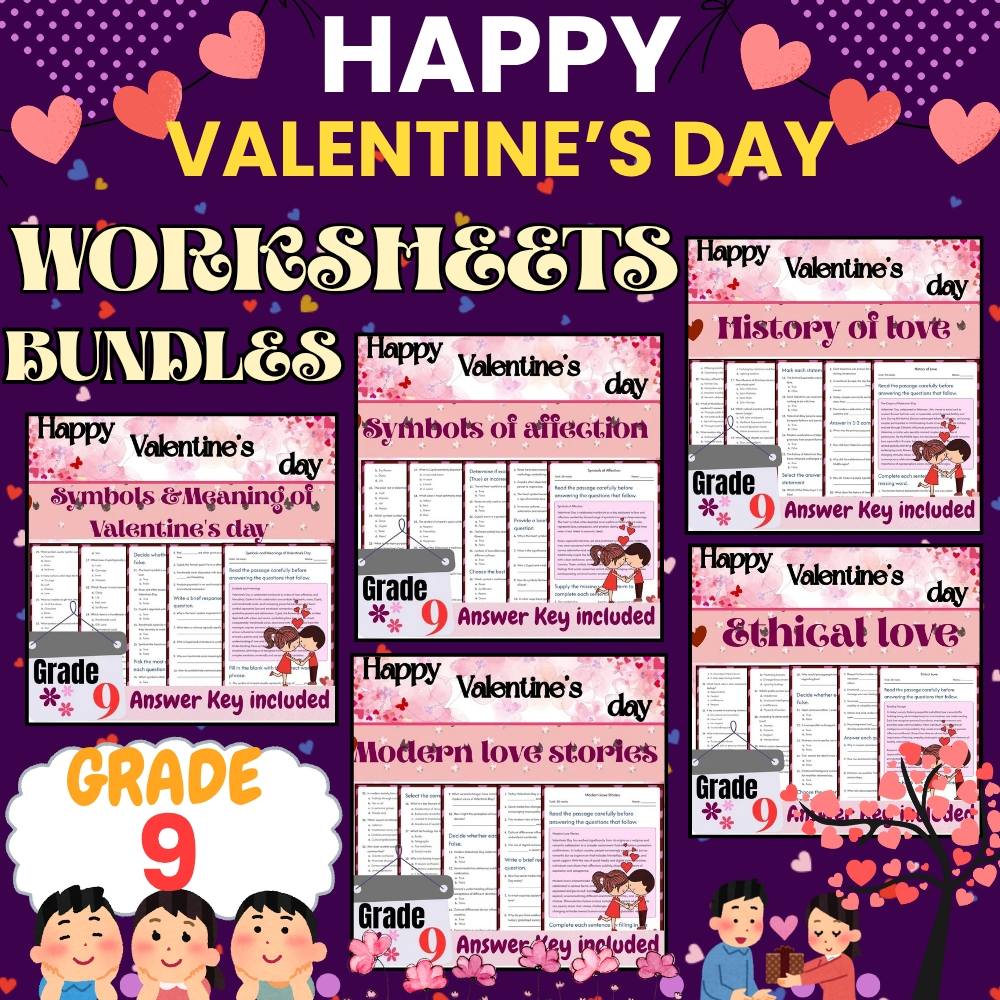 Grade 9Seasonal Valentine’s Day Worksheets|Cultural, Ethical, Modern Love Bundle — bundle cover