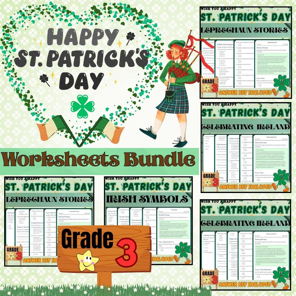 Grade 3 Seasonal Unit| St. Patrick's Day Worksheets & Activities(PDF+Answer Key) — bundle cover