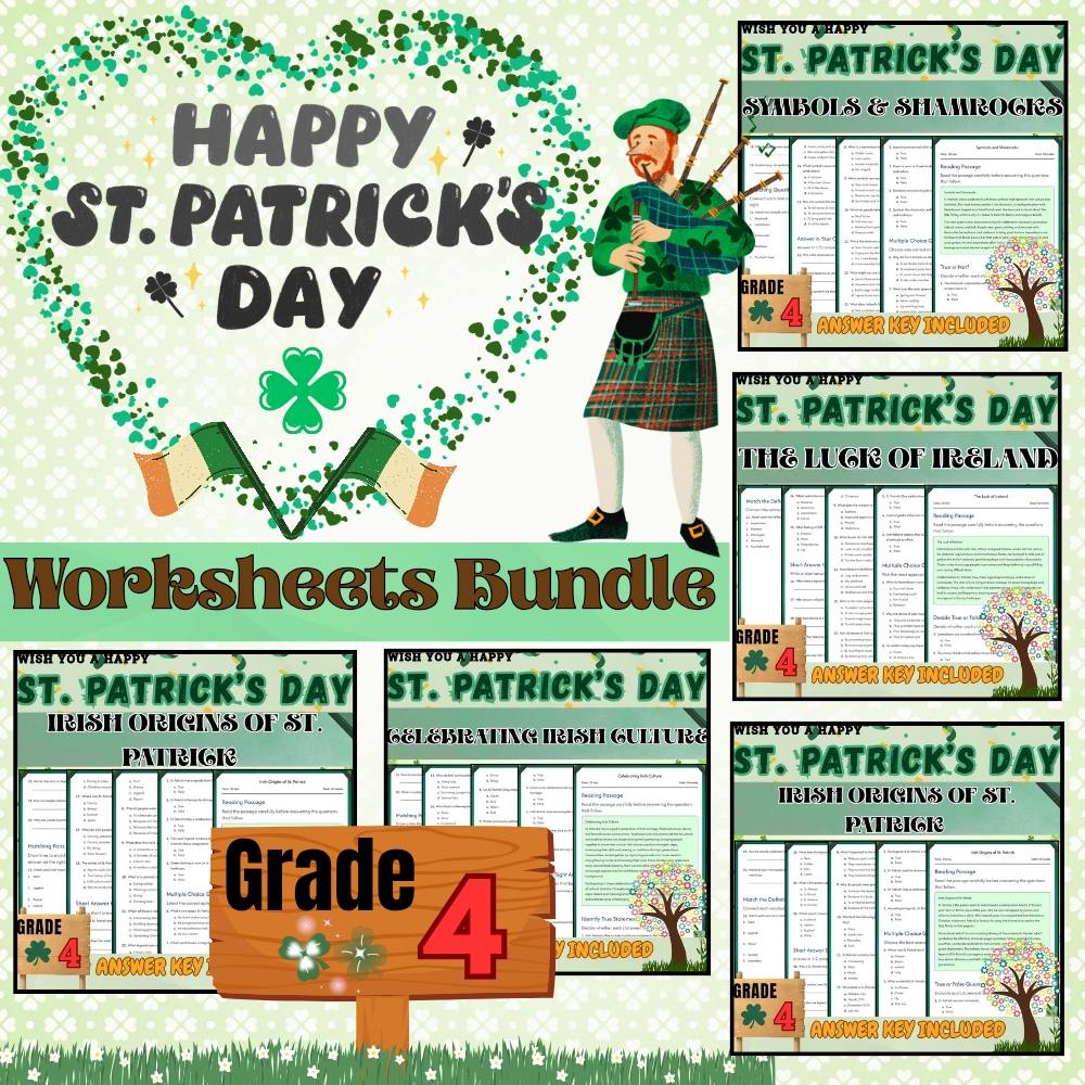 Grade 4 Seasonal – St. Patrick's Day Worksheets Pack for Irish Culture & Symbols — bundle cover