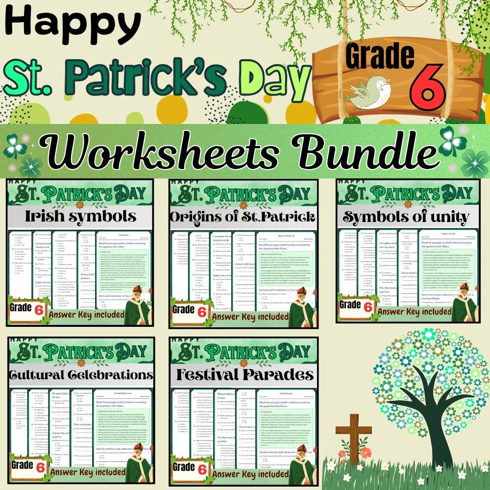 Grade 6 Seasonal – St. Patrick's Day Worksheets Bundle (Answer Key Included) — bundle cover