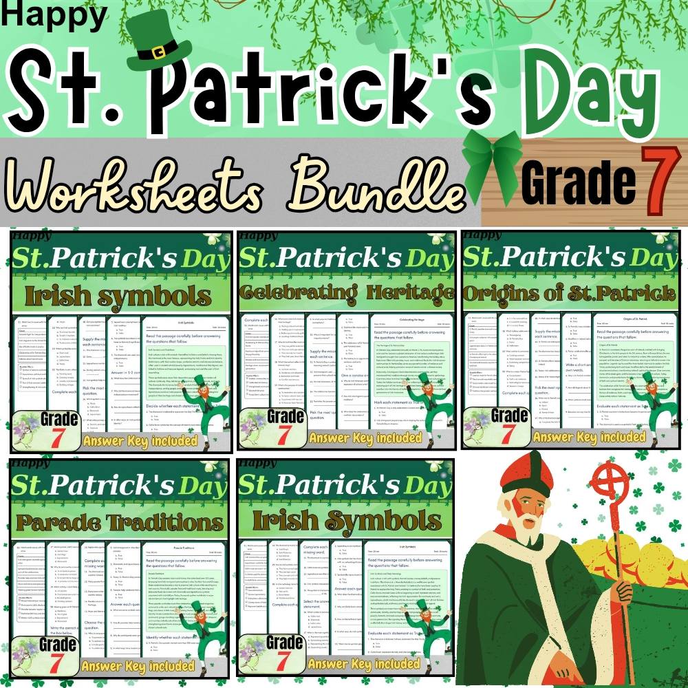 Grade 7Seasonal Unit|St. Patrick's Day Worksheets for Irish Symbols & Traditions — bundle cover