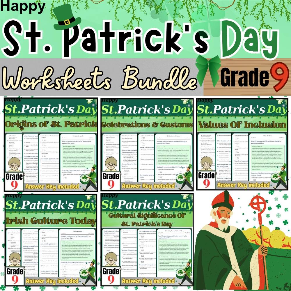 Grade 9 Seasonal Unit|St. Patrick's Day Historical Worksheets (PDF + Answer Key) — bundle cover
