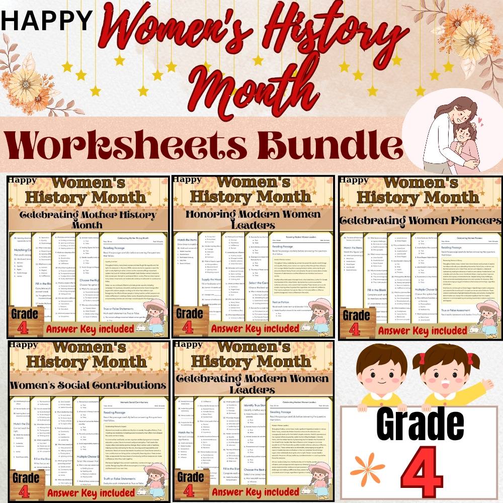 Grade 4 Seasonal Women’s Contributions Unit|Celebrating Women Leaders Worksheets — bundle cover