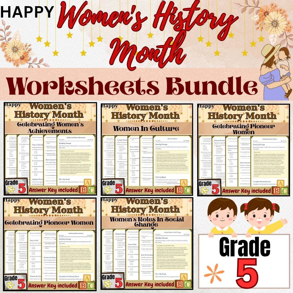 Grade 5 Seasonal Women's History & Achievements Worksheet Bundle(PDF+Answer Key) — bundle cover