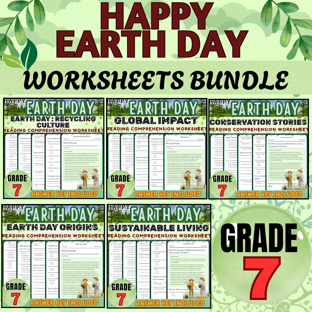 Grade 7 Seasonal Bundle|Earth Day & Sustainability Worksheets (PDF + Answer Key) — bundle cover