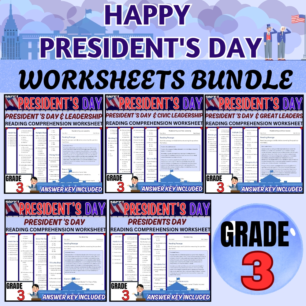 Grade 3 Seasonal Presidents Day Worksheet Bundle | Social Studies & Leadership — bundle cover