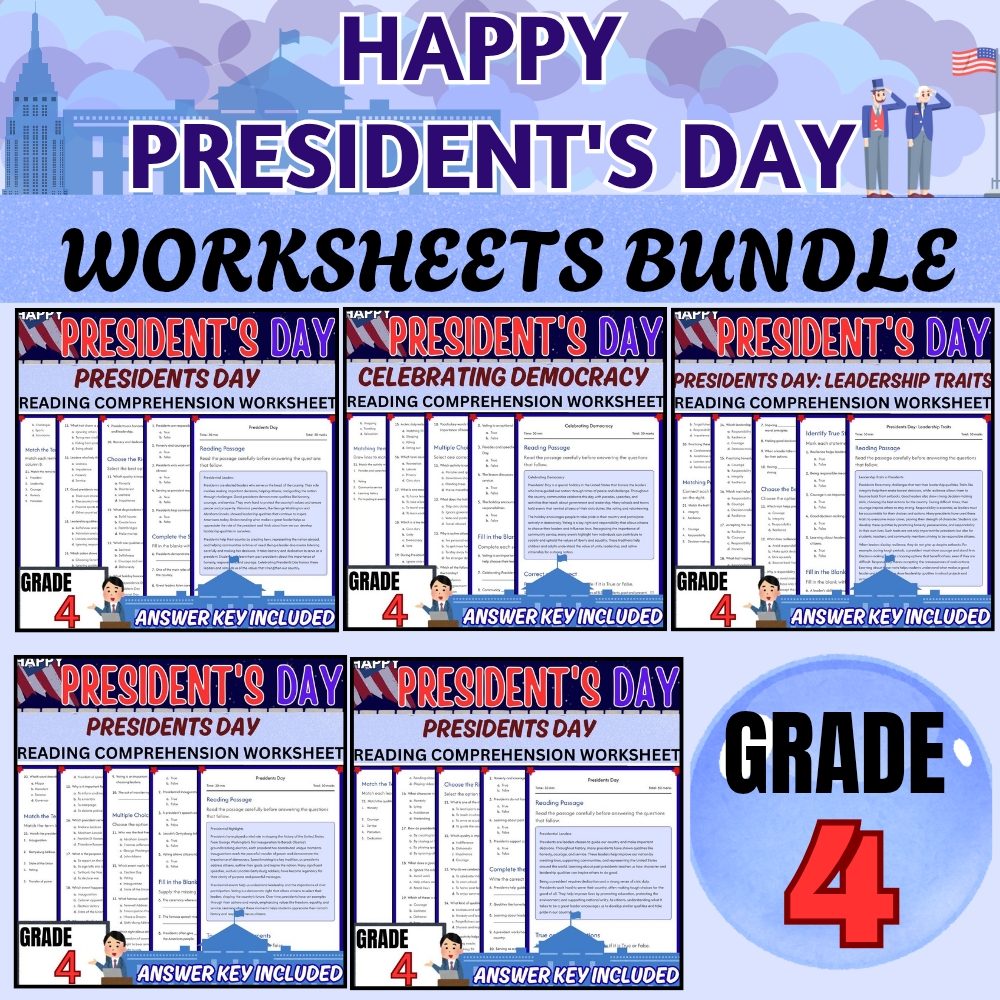 Grade 4 Seasonal Unit | Presidents Day Worksheets & Activities Pack(Answer Keys) — bundle cover