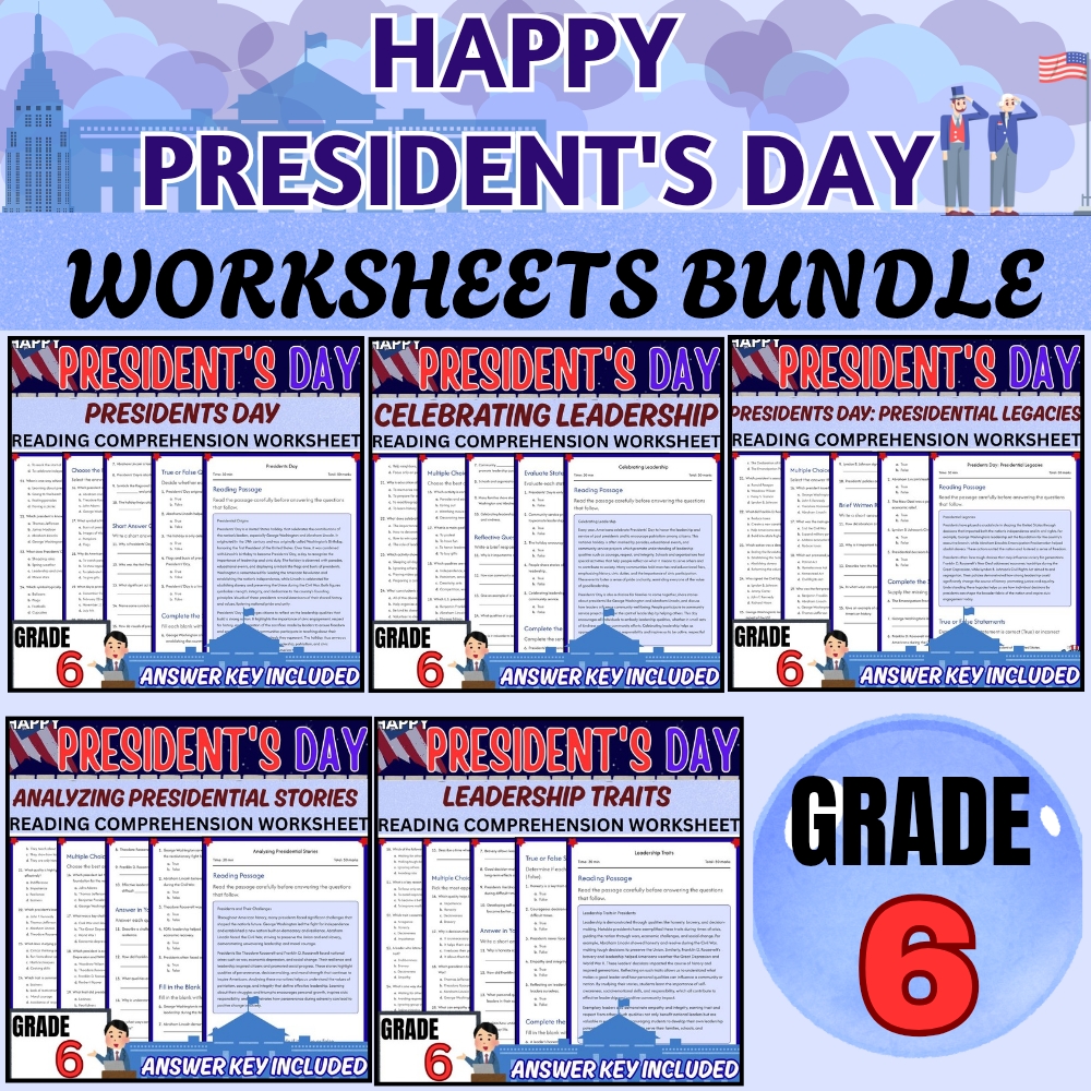 Grade 6 Presidents Day  UNIT Worksheet Bundle (Answer Keys Included) — bundle cover