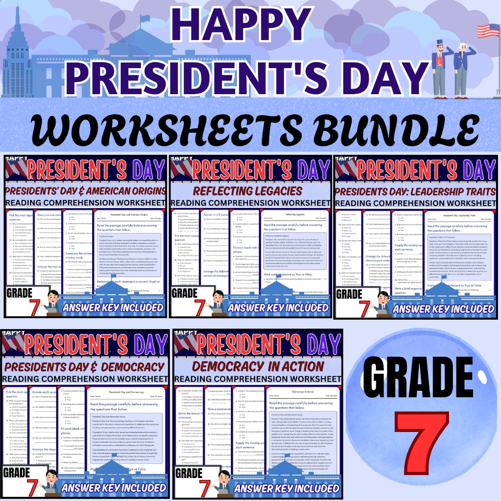 Grade 7 Seasonal Unit | Presidents Day Worksheets Pack (Answer Key Included) — bundle cover