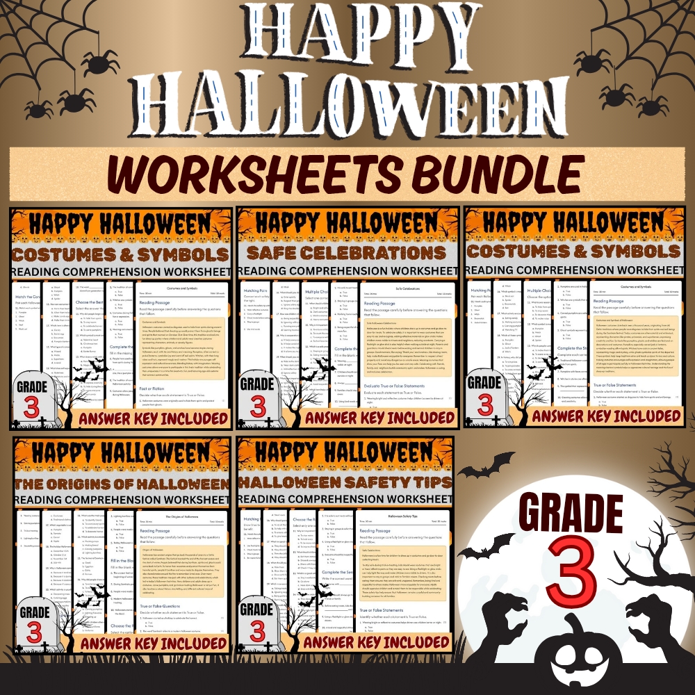 Grade 3 Seasonal Halloween Unit | Safety, Costumes & Symbols Worksheets Bundle — bundle cover