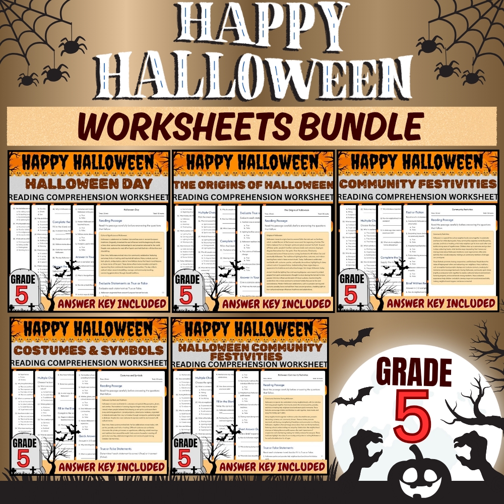 Grade 5 Seasonal Halloween Activities Worksheet Bundle (Answer Key Included) — bundle cover