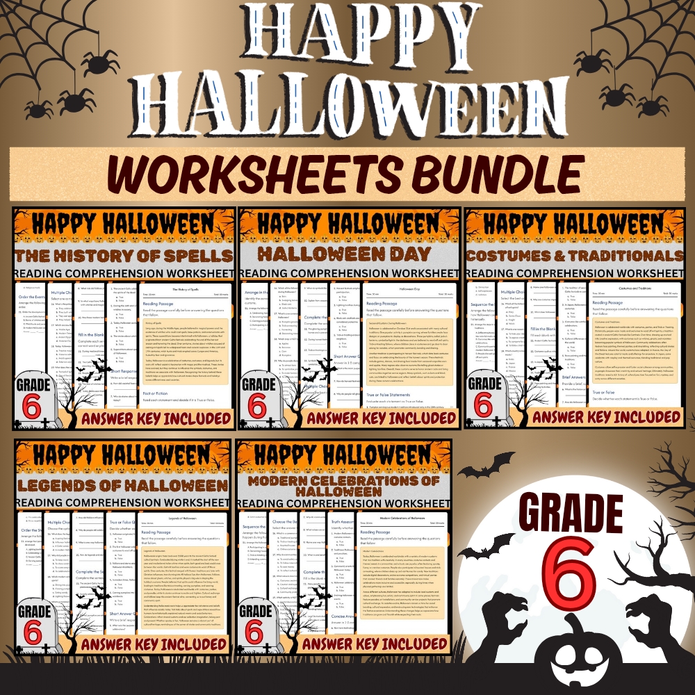 Grade 6 Seasonal Worksheets Bundle | Halloween DayLesson Pack (PDF + Answer Key) — bundle cover