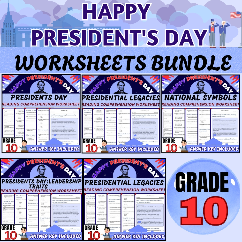Grade 10 | Presidents Day Themed History Worksheet Bundle (PDF + Answer Key) — bundle cover