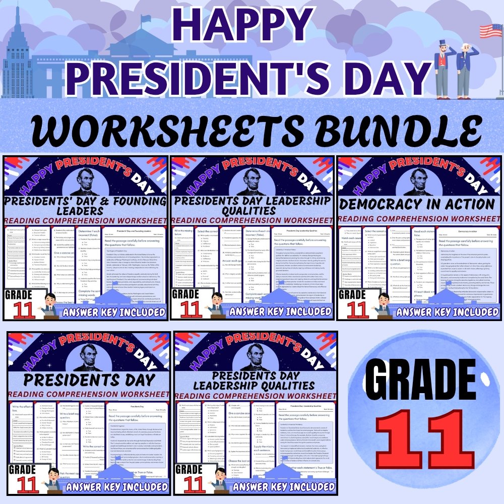 Grade 11| Presidents Day & Leadership Unit Worksheet Pack (Answer Key Included) — bundle cover