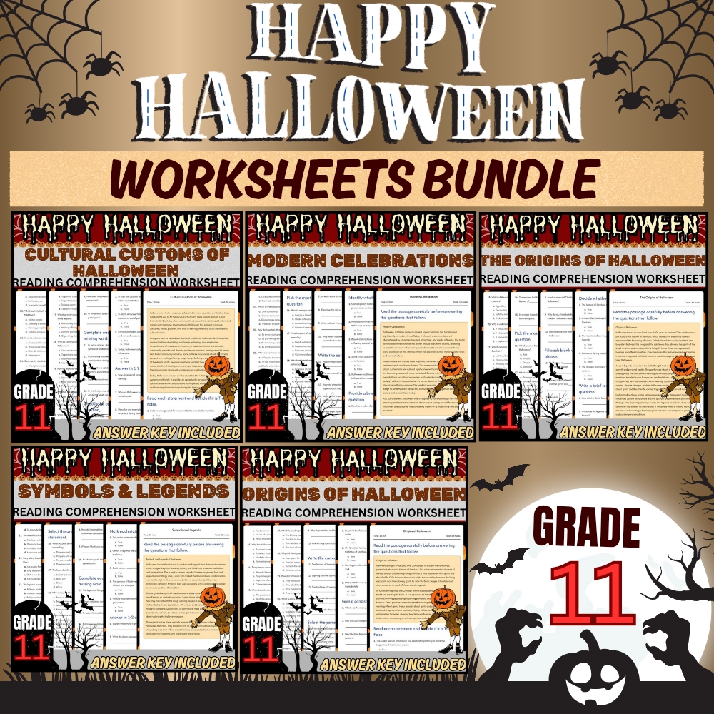 Grade 11 Seasonal Halloween Unit Worksheet Pack (PDF + Answer Key Collection) — bundle cover
