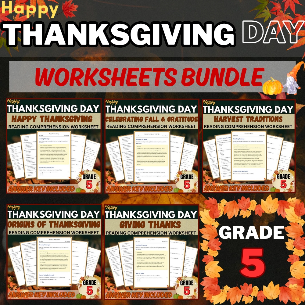 Grade 5 Seasonal Worksheets Bundle| Thanksgiving & Harvest Traditions Activities — bundle cover