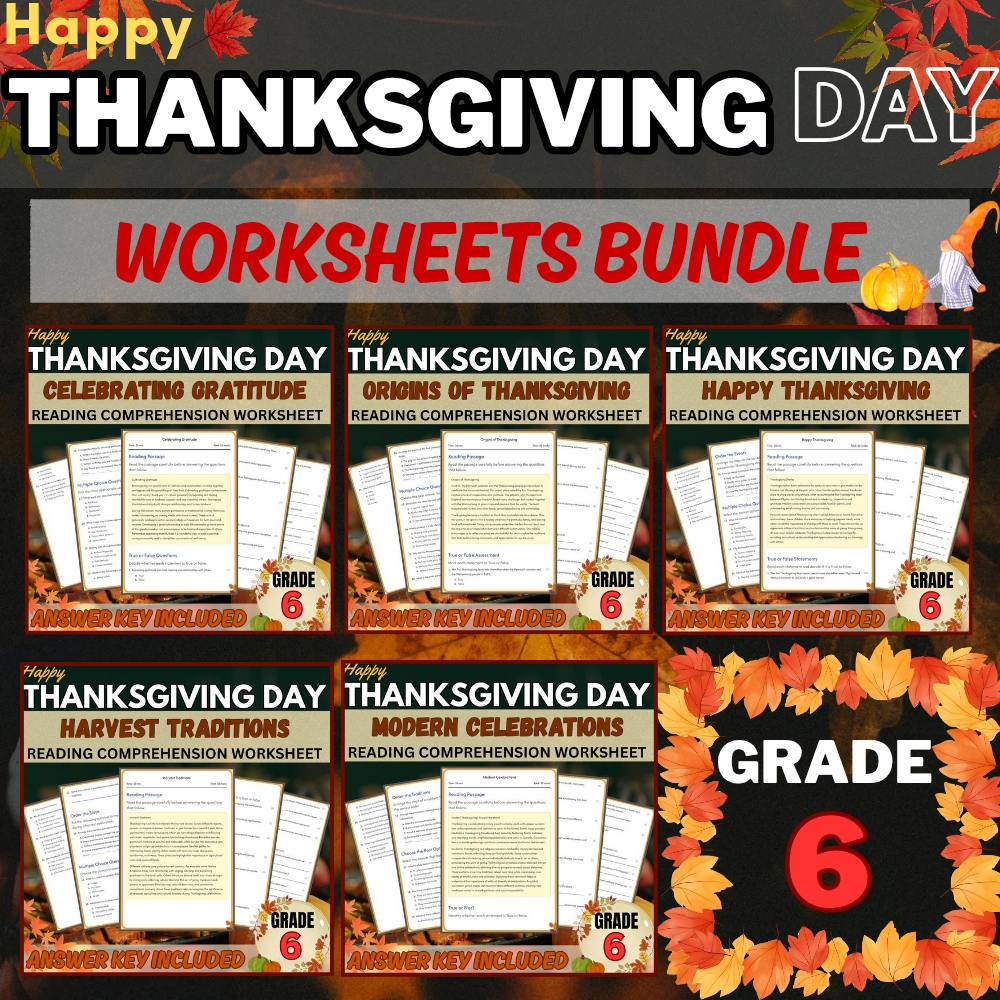 Grade 6 Seasonal Worksheets Bundle | Thanksgiving History  (PDF + Answer Key) — bundle cover