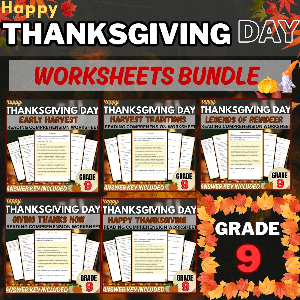Grade 9 Seasonal Holidays Worksheet Pack | Thanksgiving History (PDF+Answer Key) — bundle cover